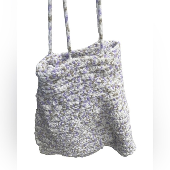 Handmade chenille boho hobo slouch satchel shoulder tote bag purple and white - Picture 3 of 9